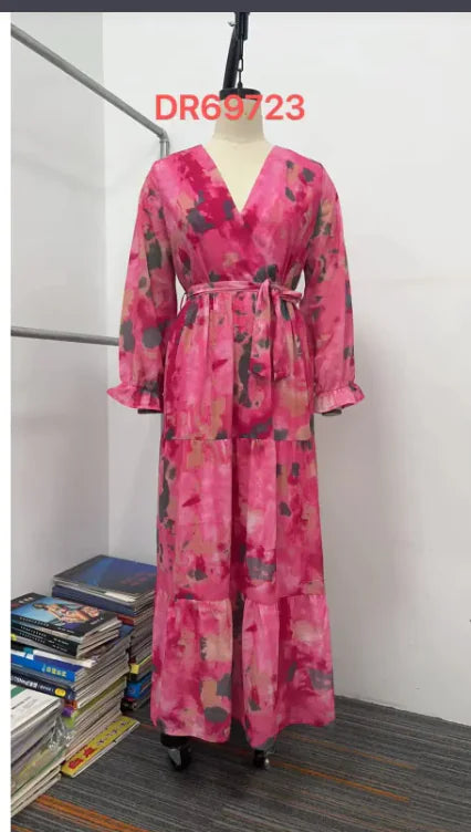 Elegant Drawstring Patchwork Big Swing Chiffon Dress