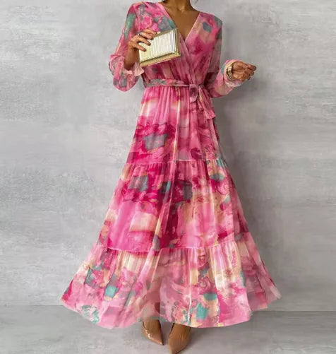 Elegant Drawstring Patchwork Big Swing Chiffon Dress