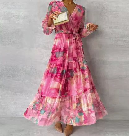 Elegant Drawstring Patchwork Big Swing Chiffon Dress