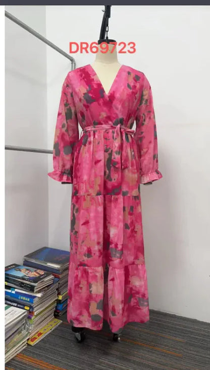 Elegant Drawstring Patchwork Big Swing Chiffon Dress